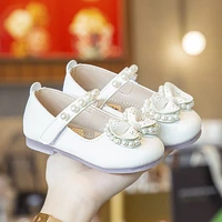 kids flats for wedding party baby girls leather shoes sweet princess children dress shoes mary janes pearls beading bowtie 2022
