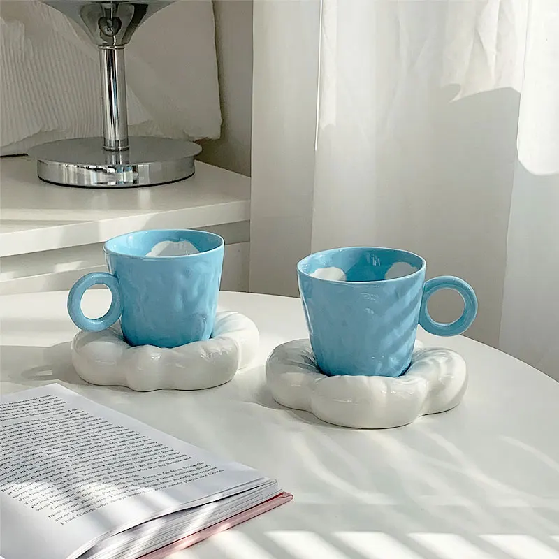 

Creative Hand Painted Blue Sky White Cloud Cup and Saucer Ceramic Handmade Coffee Mug with Dish Cute Tea Cup Set Home Decor Gift