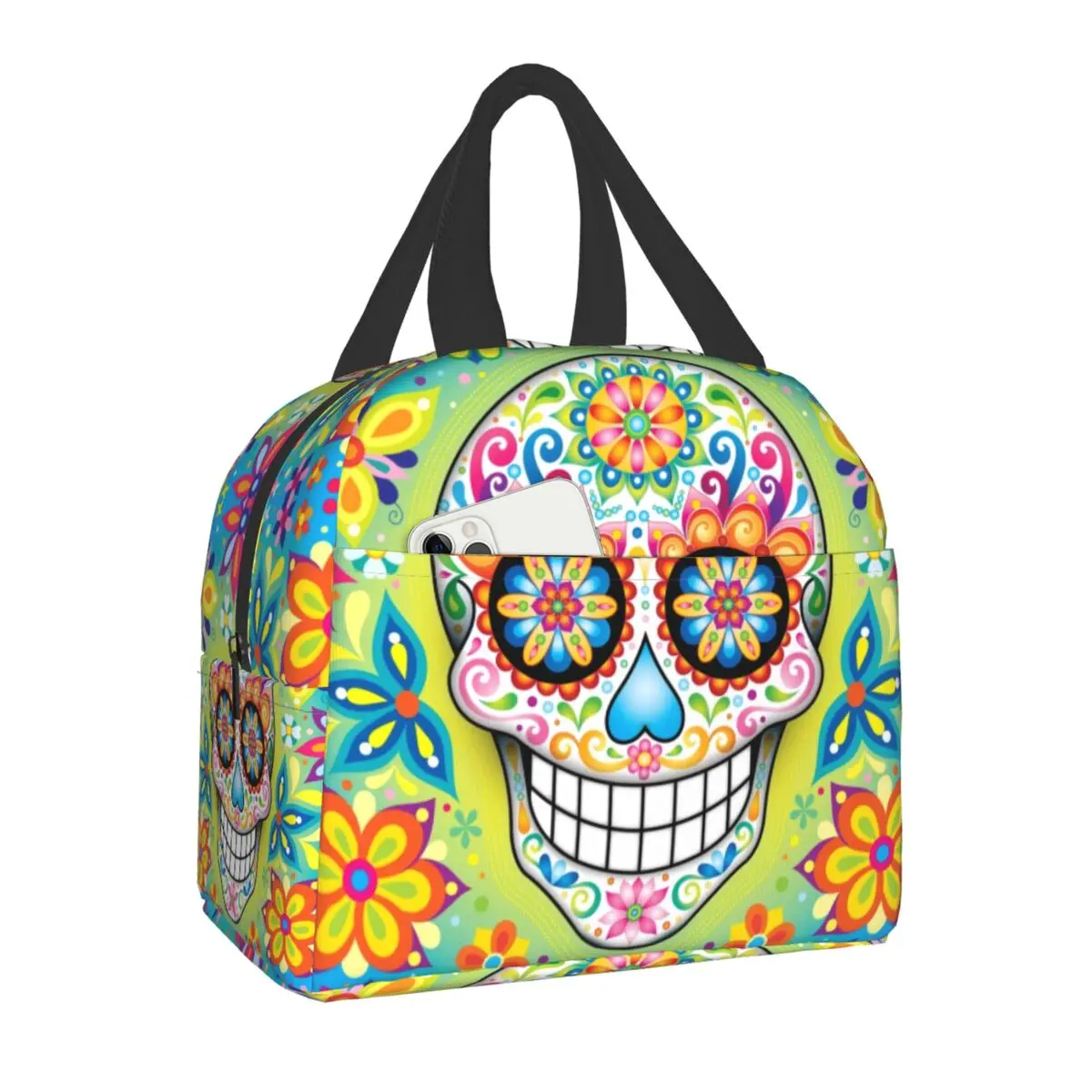 

Day Of The Dead Sugar Skull Lunch Bag Warm Cooler Insulated Lunch Box for Women Kids School Children Mexican Flowers Picnic Bag