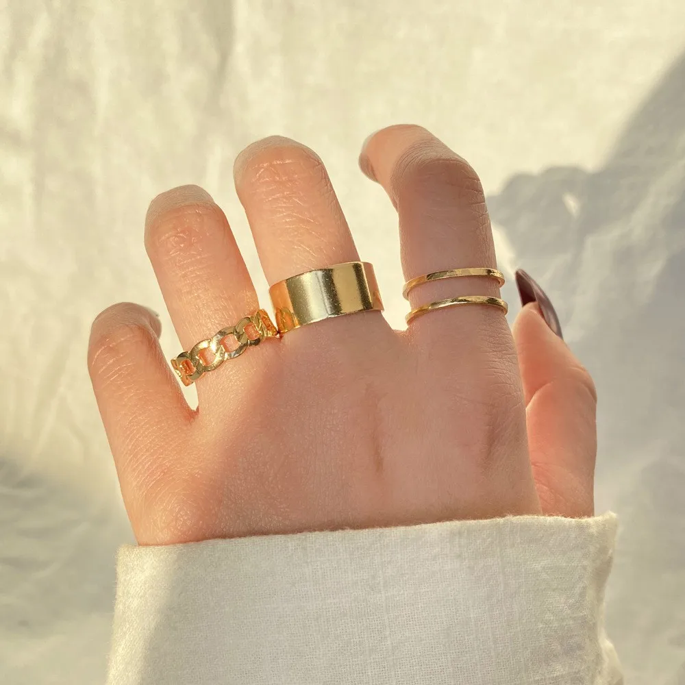 

3 Piece Gold Plating Stackable Knuckle Rings Set for Women Girls Chain Double Line Chunky Bands