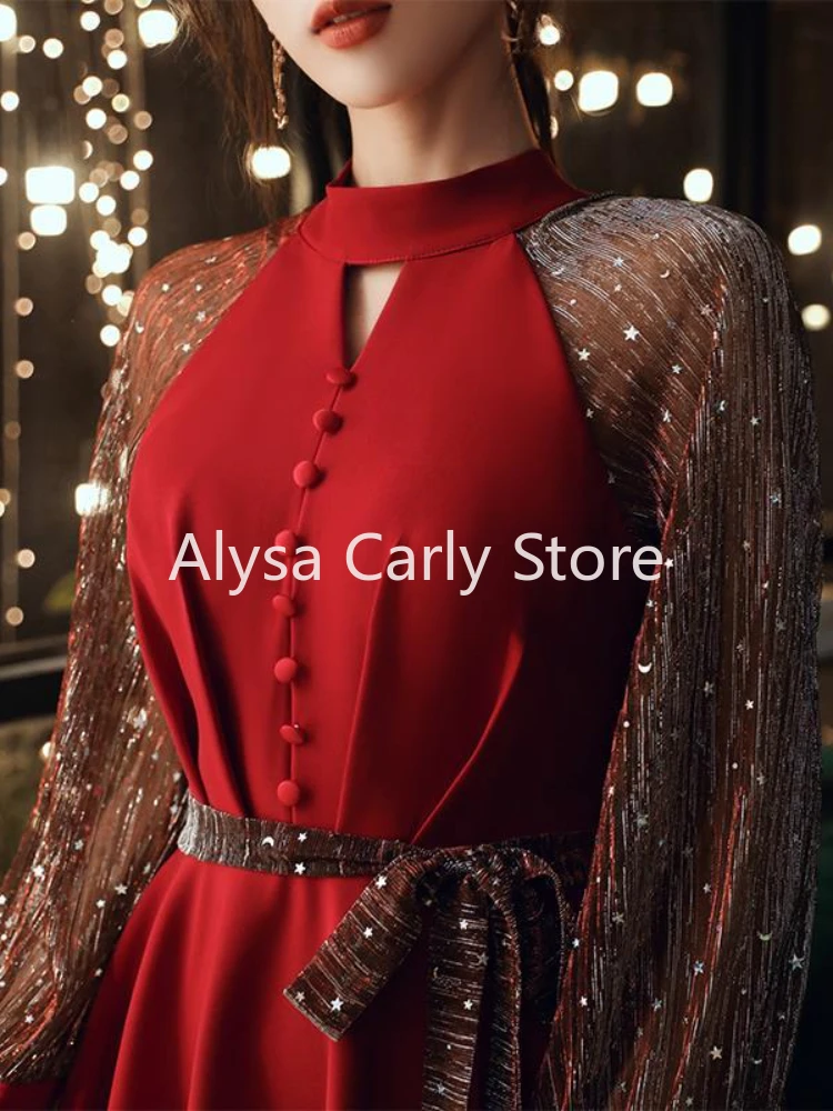 Элегантное винтажное сказочное платье женское Красное лоскутное в Корейском