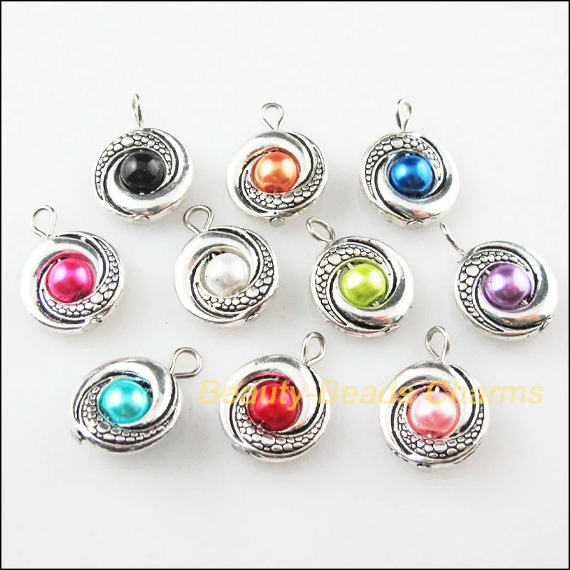 

10Pcs Tibetan Silver Plated Round Circle Mixed Glass Charms Pendants 14.5x20mm