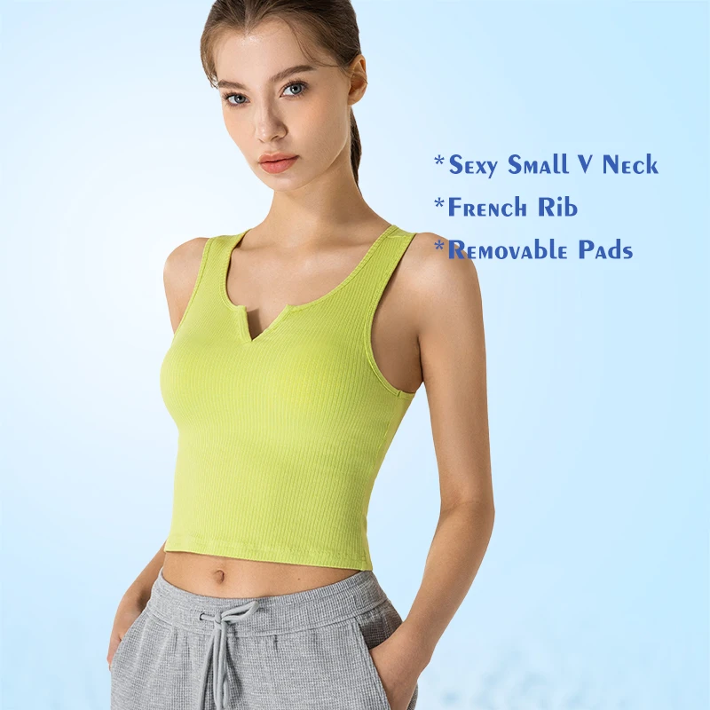 

DANCEFISH Women Top French Rib Small V Neck Comfortable Slimming Breathable Sleeveless Fitness Jogging Exercise Yoga Vesr