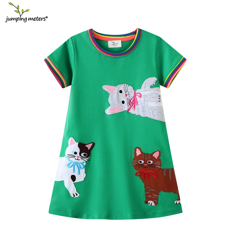 

Jumping Meters 2-12T Hot Selling Princess Girls Dresses Cats Embroidery Summer Short Sleeve Baby Clothes Birthday Frocks Costume