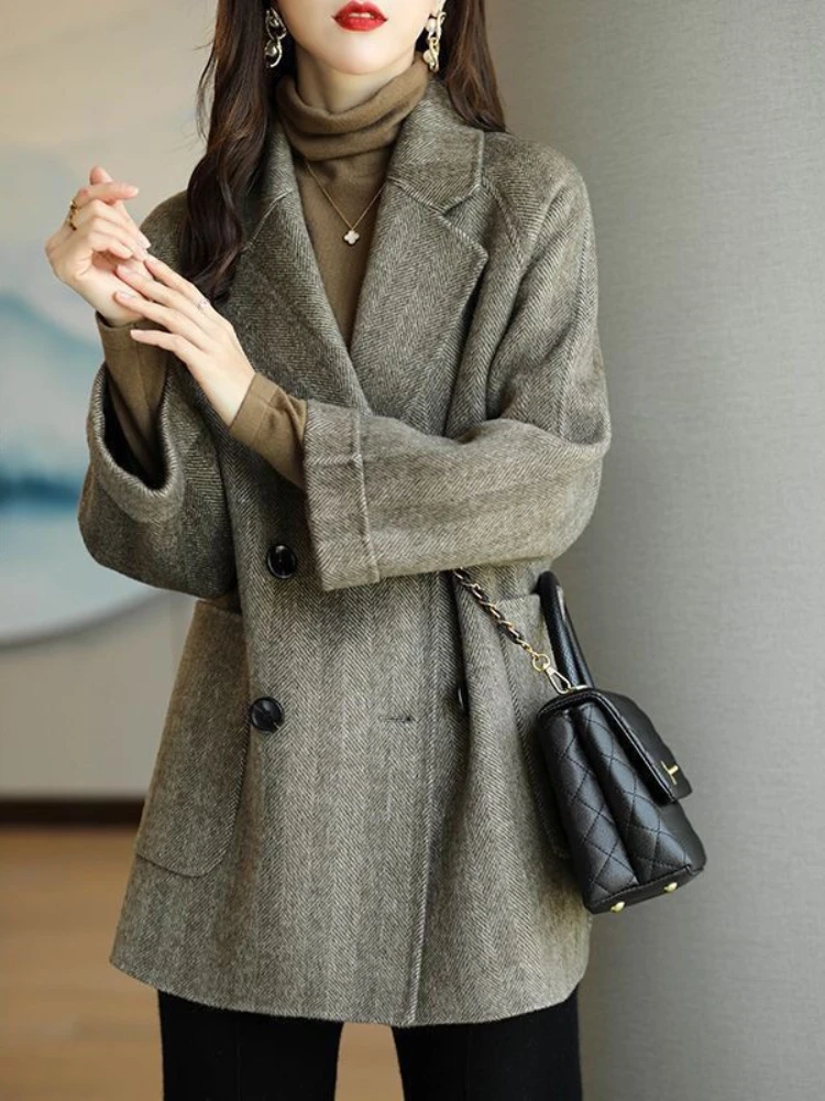 

Женская куртка, новая модная Корейская осенняя одежда, свободный женский двухрядный Свободный теплый тренчкот на пуговицах