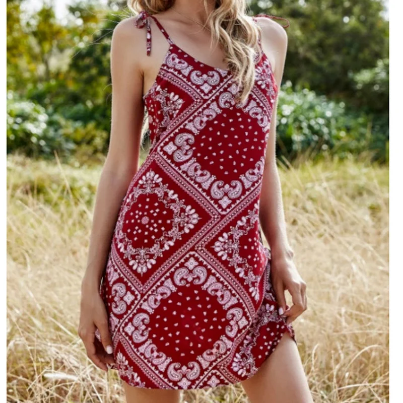 

2021 New Fashion Women's Sexy Retro Sling Tropical Style Print High Waist Temperament Commuter Beach Dress Summer Dress Women