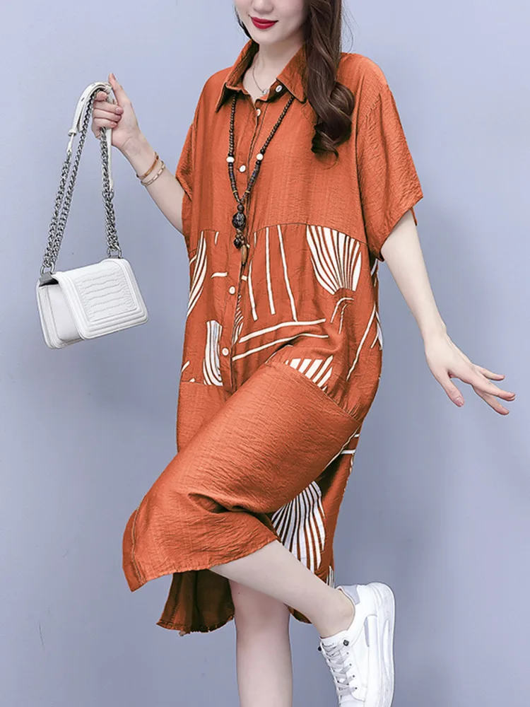 #7904 длинное платье-рубашка цвета хаки Оранжевое Женское свободное платье миди с