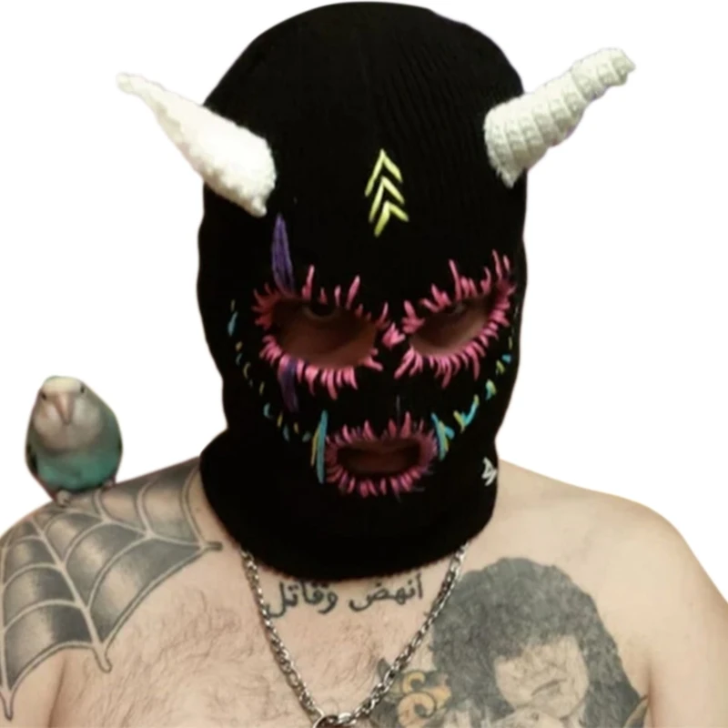 

Теплые зимние шапки Q1FA, вязаная шапка, шапка с дьявольскими рогами, Хэллоуин, страшная вязаная Лыжная маска, унисекс, мягкие головные уборы д...