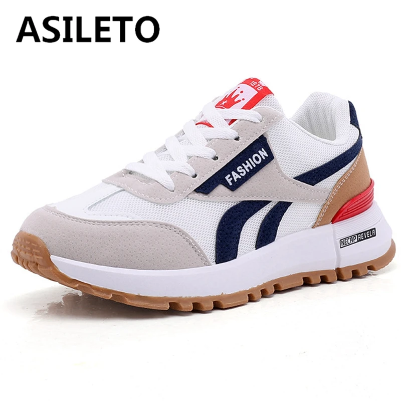 

ASILETO Women's Sneakers Round Toe Flats Mesh Splice Lace-up Running Shoes Size 35-40 Casual Mix-Color White Black Spring S3457