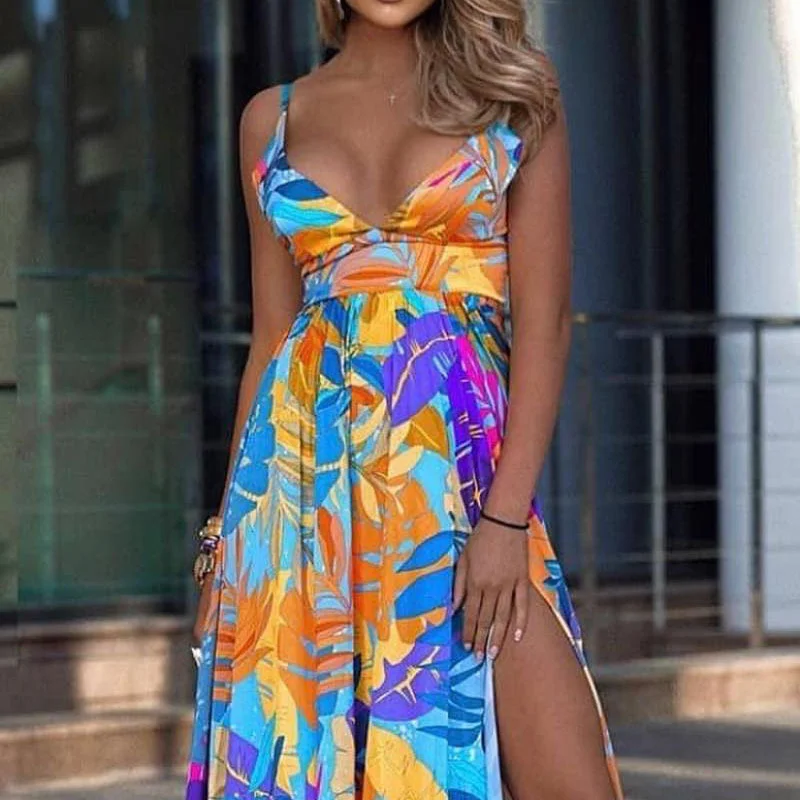 

Print Dresses For Women Summer Vacation Beach Long Dress Leaf Bohemian Sling Tube Top Mopping Dresses 2022 New