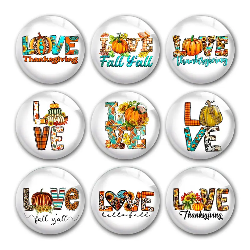 

Thanksgiving Fall October Love Pumpkin Autumn Round Photo Glass Cabochon Demo Flat Back DIY Jewelry Making Supplies Snap Button