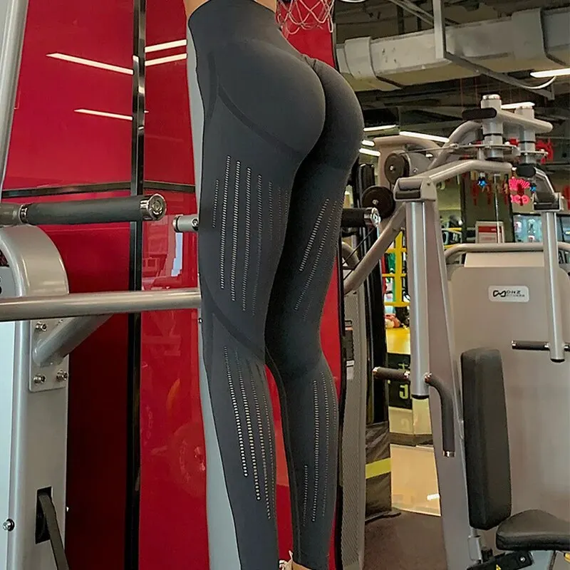 Женские Бесшовные штаны для йоги с вырезами бега фитнеса быстросохнущие дышащие