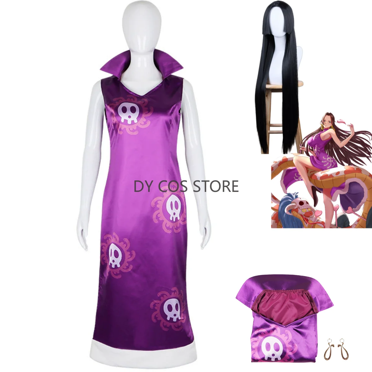 Фото Аниме Боа Хэнкок Косплей Костюм Ока Шичибукай Член Фиолетовый Cheongsam Платье Серьги Парик Женский Сексуальный Карнавальный Костюм Для Вечеринки №1