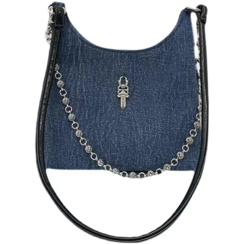 Vintage Handheld Underarm Bag Women's Fashion Design Denim Chain Saddle Bag Casual Fashion Crossbody Lady Punk Bag High Quality