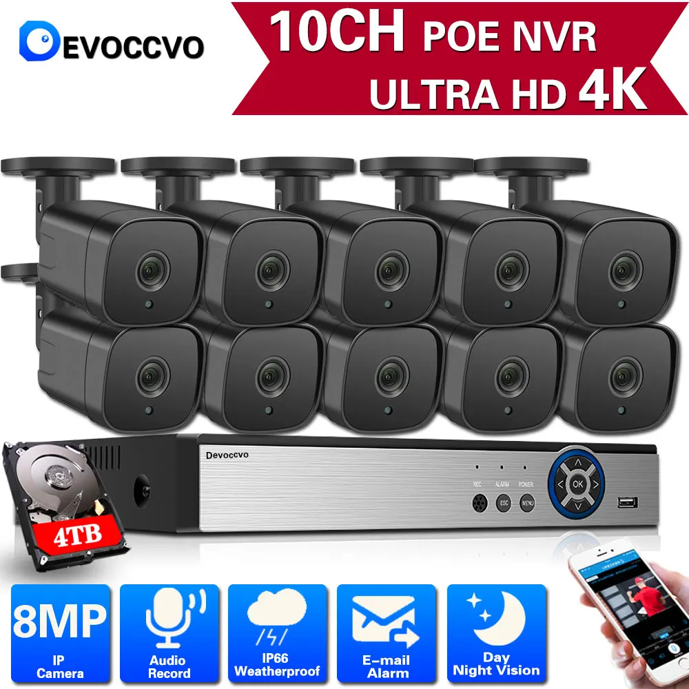 

10CH 4K POE IP Kit System CCTV Security Sony H.265 8MP NVR Outdoor Waterproof Remote View Audio IP Camera Surveillance Video Set