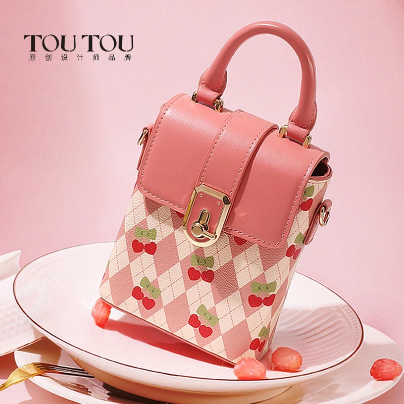 

TOUTOU Mini Cherry Pattern Crossbody Bag, Fashion Turn Lock Handbags, Women's Flap Square Purse For Phone