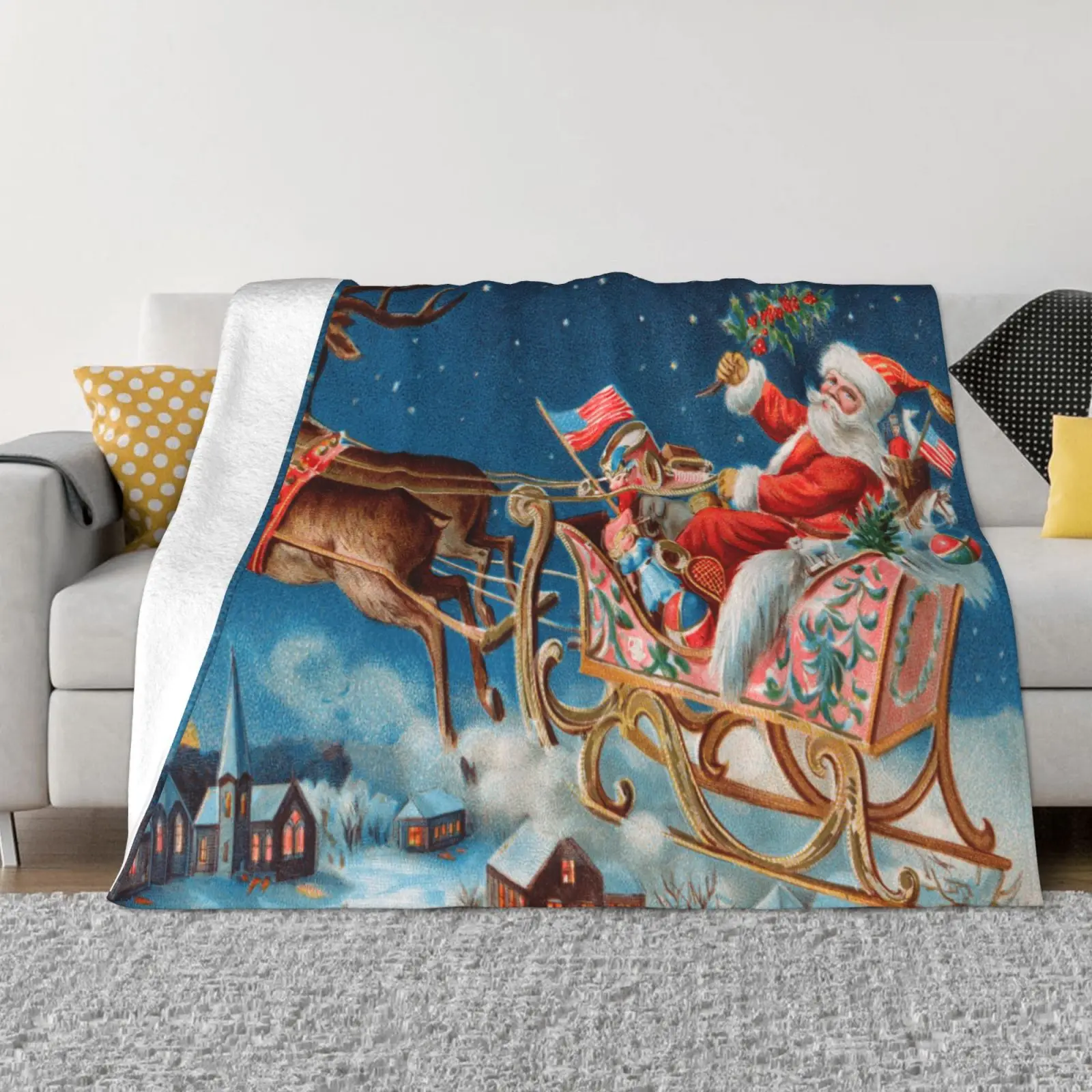 

Santan Deer Sled Christmas Flannel Throw Blanket Home Holiday Couch Bed Single Side Printed 80x60 Inch Blankets for Beds