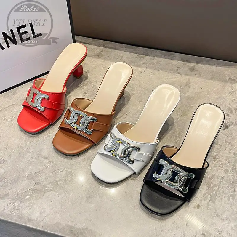 Summer Women's Slippers Sandals Shoes Female Golden Metal Chain Ladies Fashion Casual Slides Mules Ytldwat Indoor Zapato Mujer