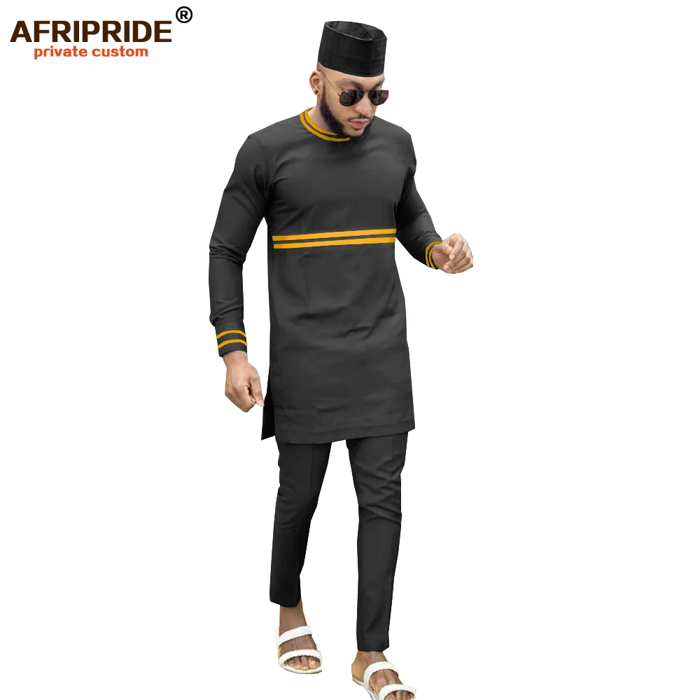 2019 African Men Clothing Traditional 3 Piece Set Dashiki Outfits Print Shirts+Ankara Pants and Hat Suit AFRIPRIDE A1916013