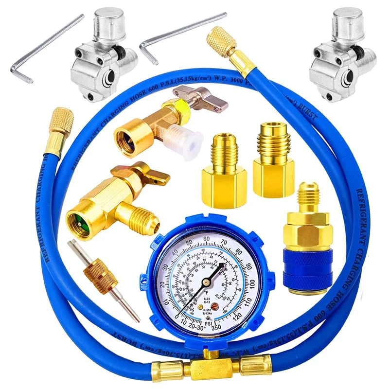 Hot A/C R134A Refrigerator Freon Recharge Kit With Piercing Valves, Refrigerant Charging Hose With Gauge