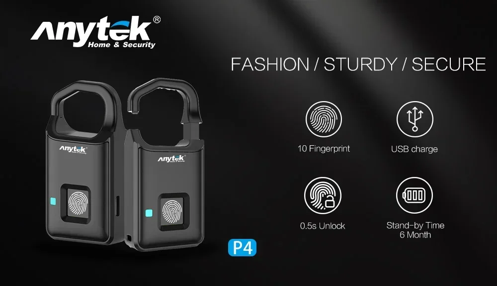 B-M Anytek P4 Замок отпечатков пальцев USB Перезаряжаемый умный противоугонный замок