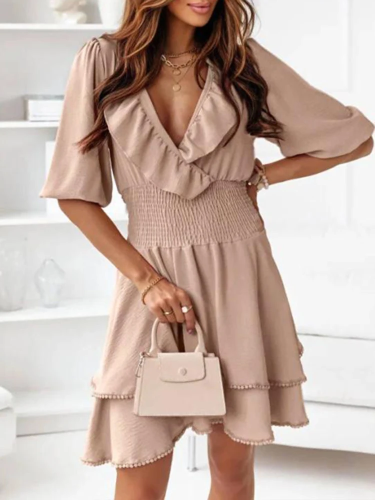 

Fashion Ruffle Short Sleeve Mini Dress Women V Neck Elastic Waist Layered Casual Dress Elegant Solid Irregular Commuter Dresses