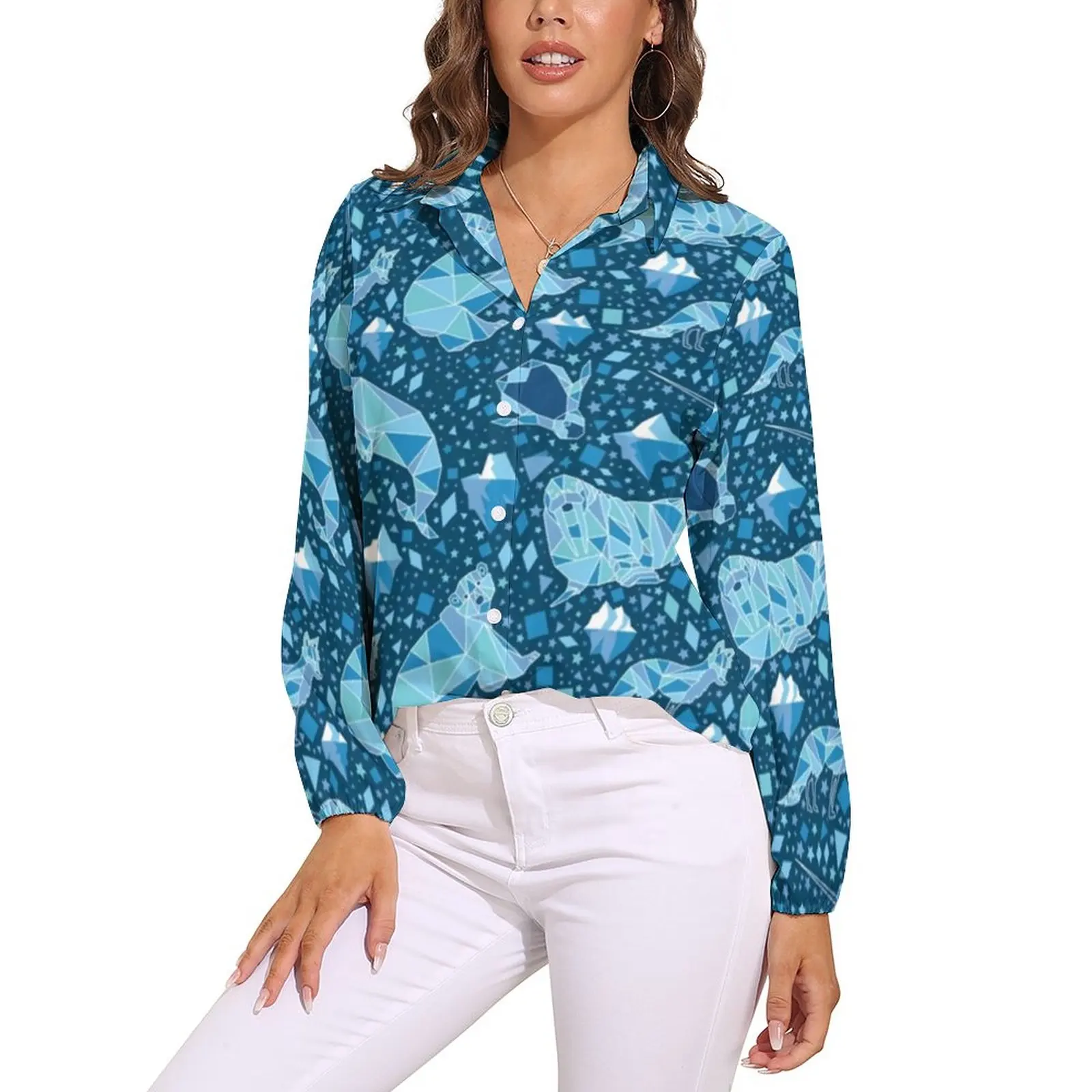 

Cute Arctic Animal Blouse Women Bear And Fox Print Casual Loose Blouses Long Sleeve Kawaii Shirts Printed Top Big Size