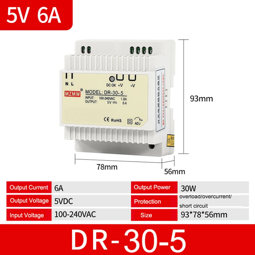 

Источники питания DR-30-12 30 Вт, переключатель режима, источник питания на Din-рейке 5 В, 12 В, 24 В, преобразователи переменного/постоянного тока