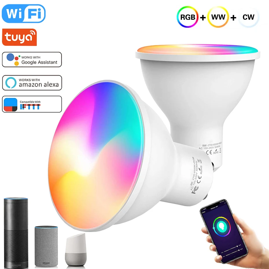 

Tuya WiFi GU10 Led Smart Bulb 8W RGB+CW+WW Dimmable Led Lamp Work With Alexa Google Home Rgbw GU 10 Spotlight Remote Control