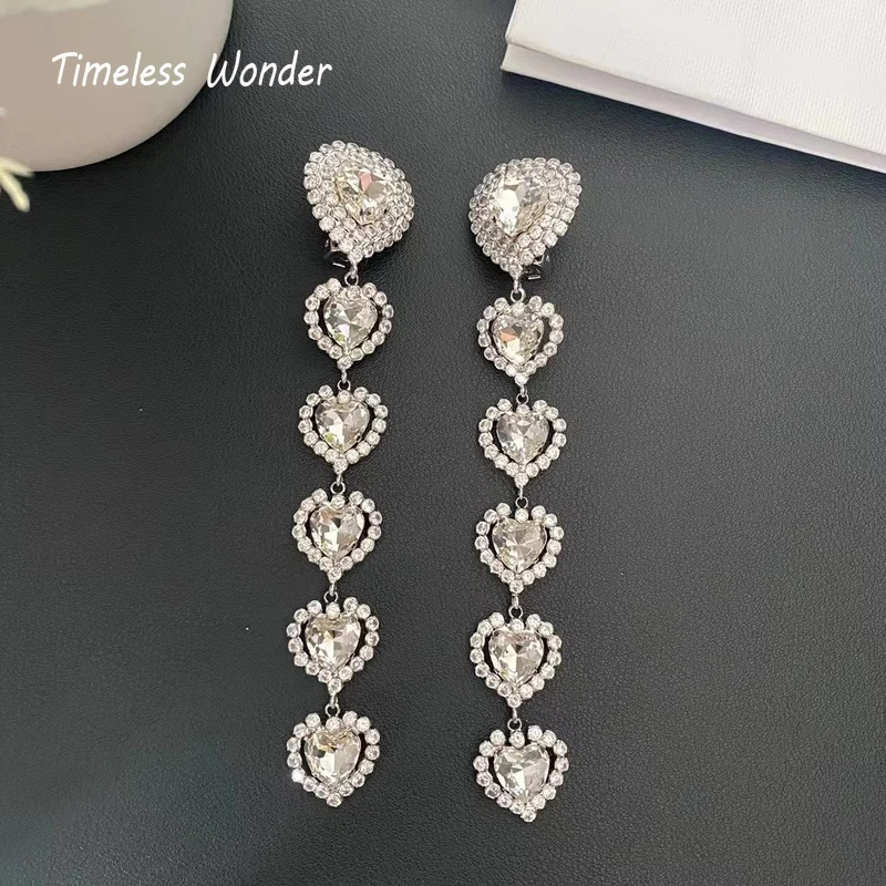 

Timeless Wonder Shiny Zirconia Heart Clip on Earrings for Women Designer Jewelry Runway Luxury Brand Slay Tassel Long Top 6328