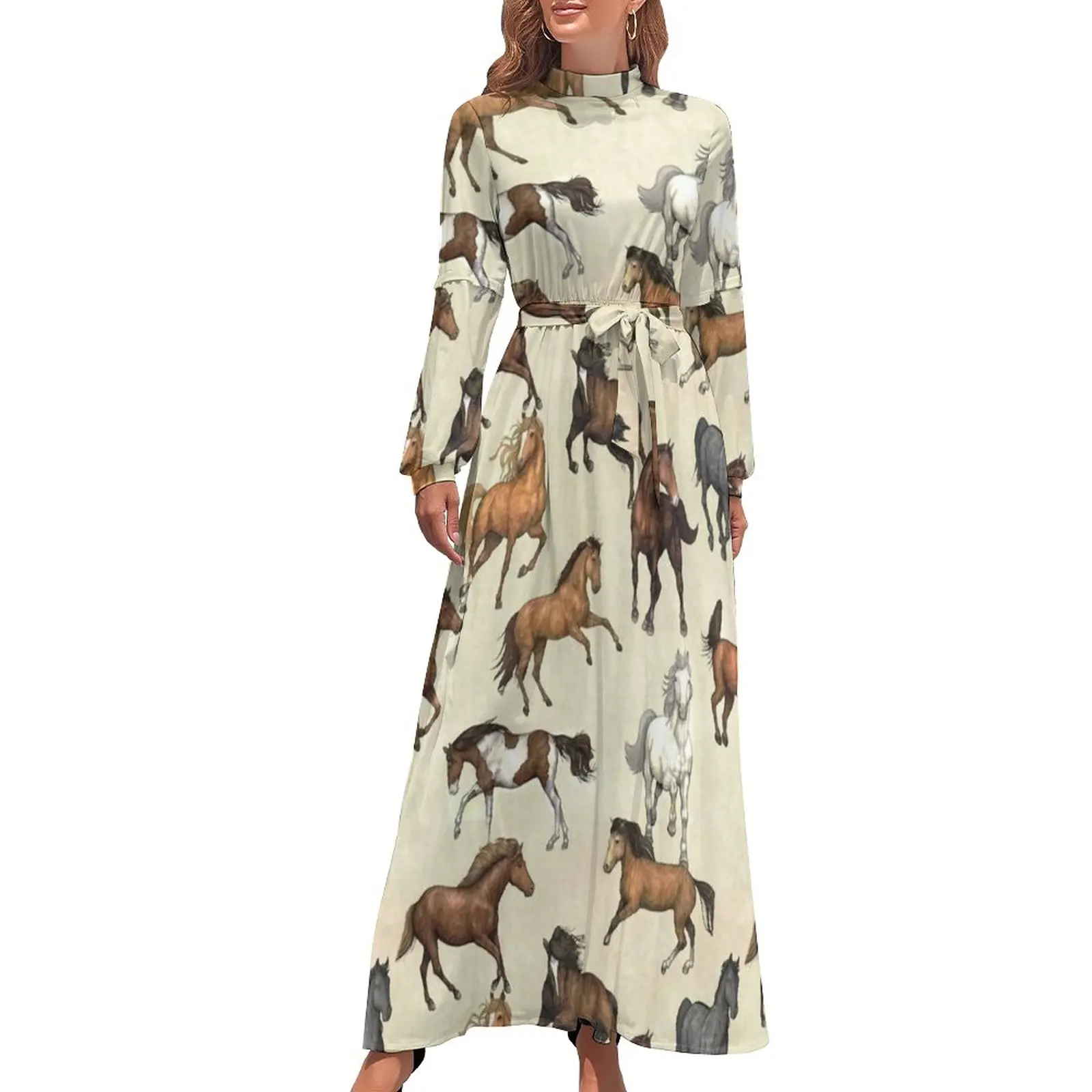 

Sunset Horse Dress Horses Riding FunnyParty Print Maxi Dress High Waist Long Sleeve Streetwear Boho Beach Long Dresses