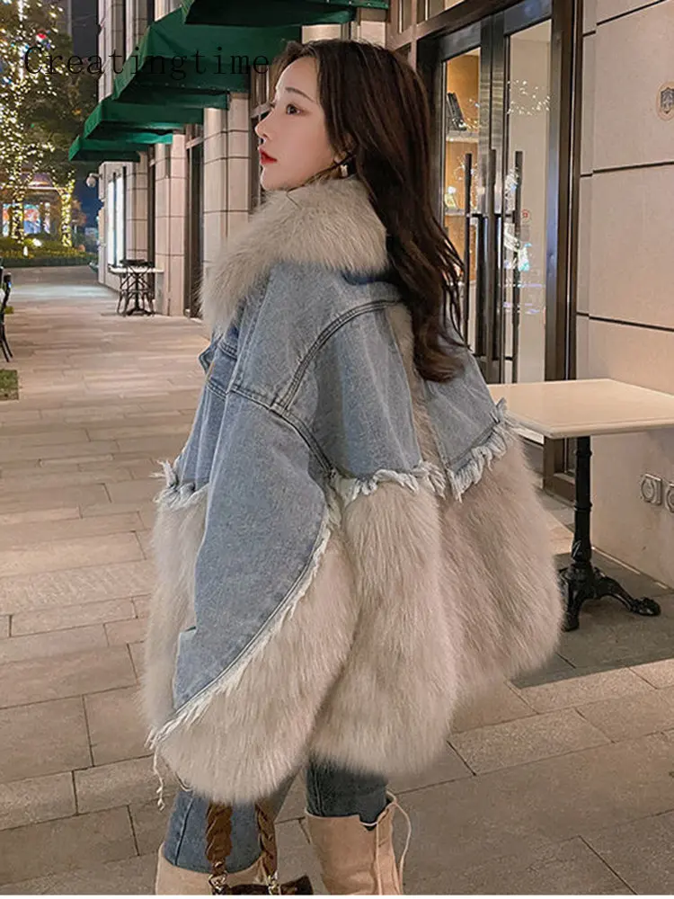 Denim Splicing Faux Fur Coat Women 2022 Winter New Cotton Clothes Stand Collar Single Breasted Loose Thicken Female Jacket 1A209