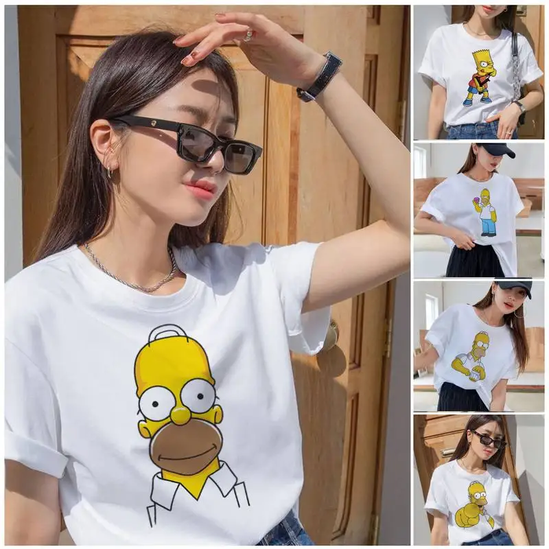 

Bandai The Simpsons Cute T Shirt Summer Clothes Casual Women Tee Hip Hop O-Neck Streetwear Print Comfort T-shirt