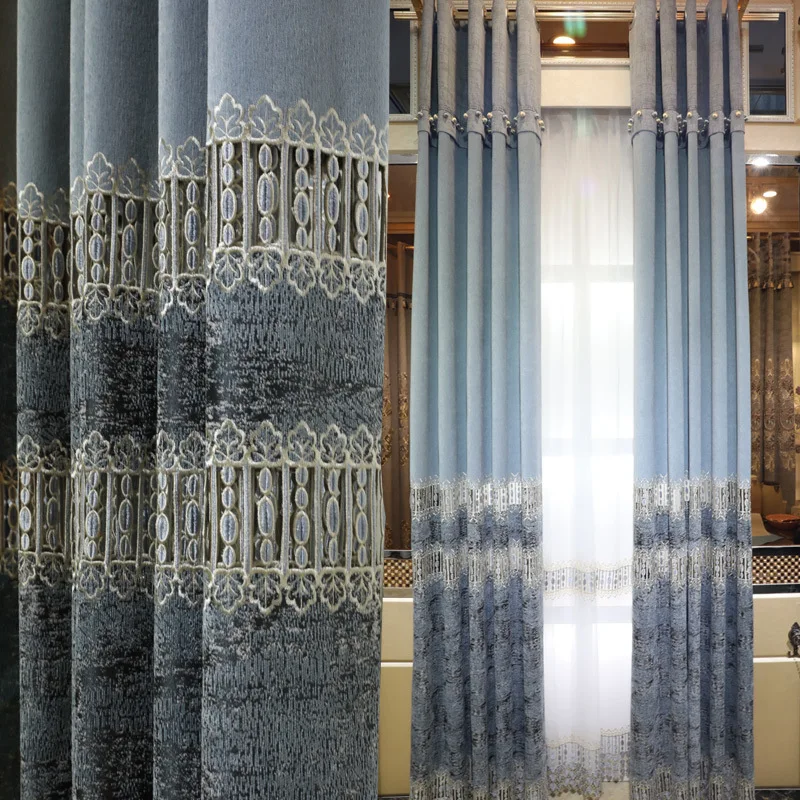 

New light luxury thickened chenille fabric hollow embroidery bedroom living room custom curtain wholesale