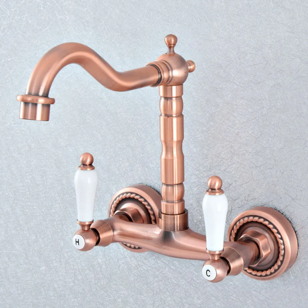 

Antique Red Copper Brass Wall Mounted Kitchen Wet Bar Bathroom Vessel Basin Sink Hot Cold Mixer Tap Swivel Spout Faucet msf883