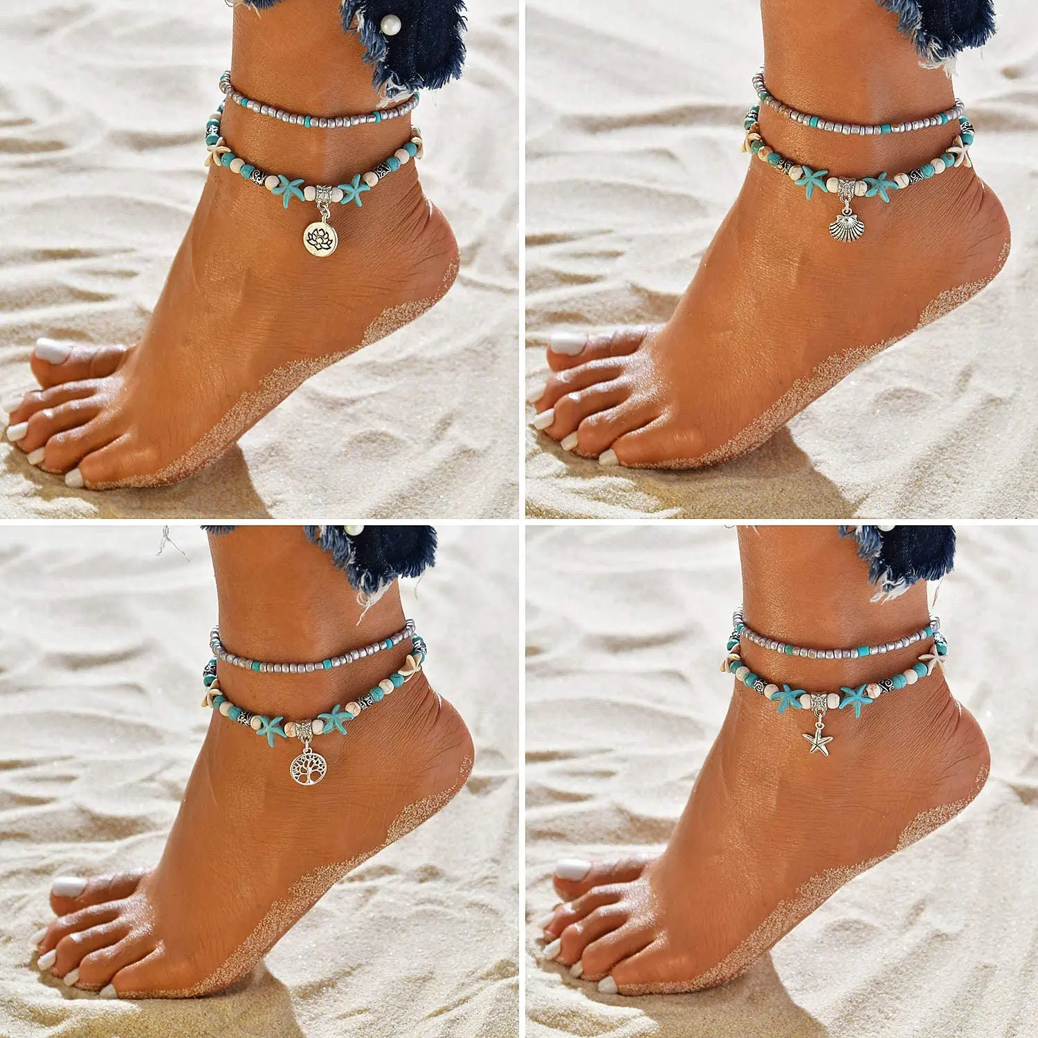 

2PCS/LOT Fashion Double Anklet Conch Starfish Rice Bead Yoga Beach Turtle Pendant Anklet Bracelet Ankle Women Girl Jewelry