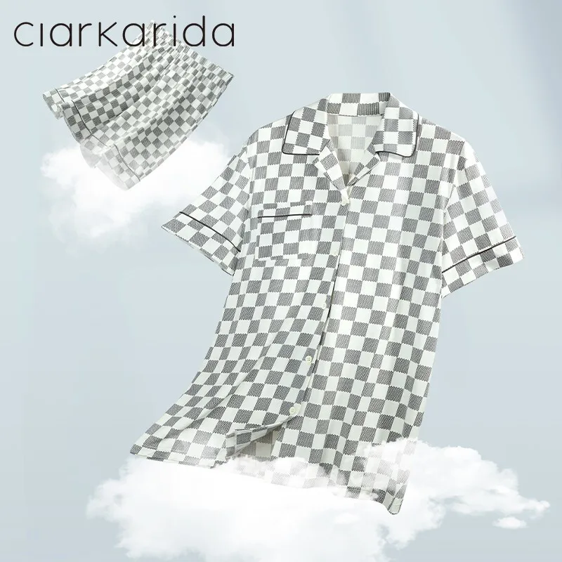 

clarkarida Men's pajamas summer thin short-sleeved lapel modal ice silk cool home wear Plaid suit men's gift box