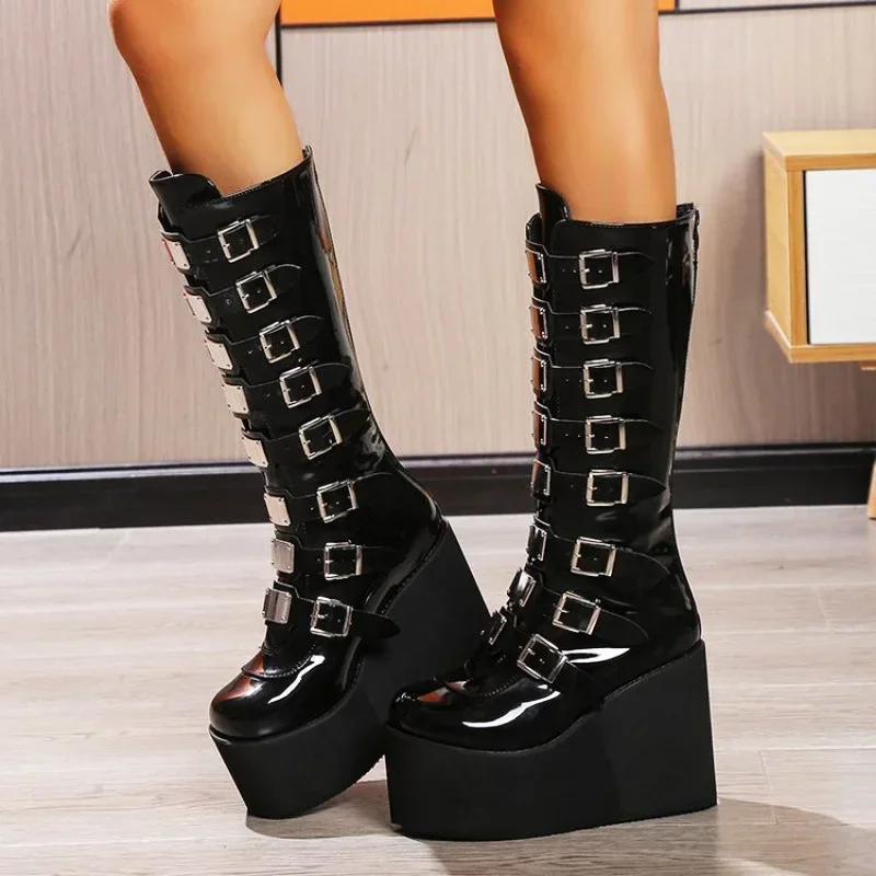 Женские длинные сапоги до середины икры в классическом черном стиле панк со