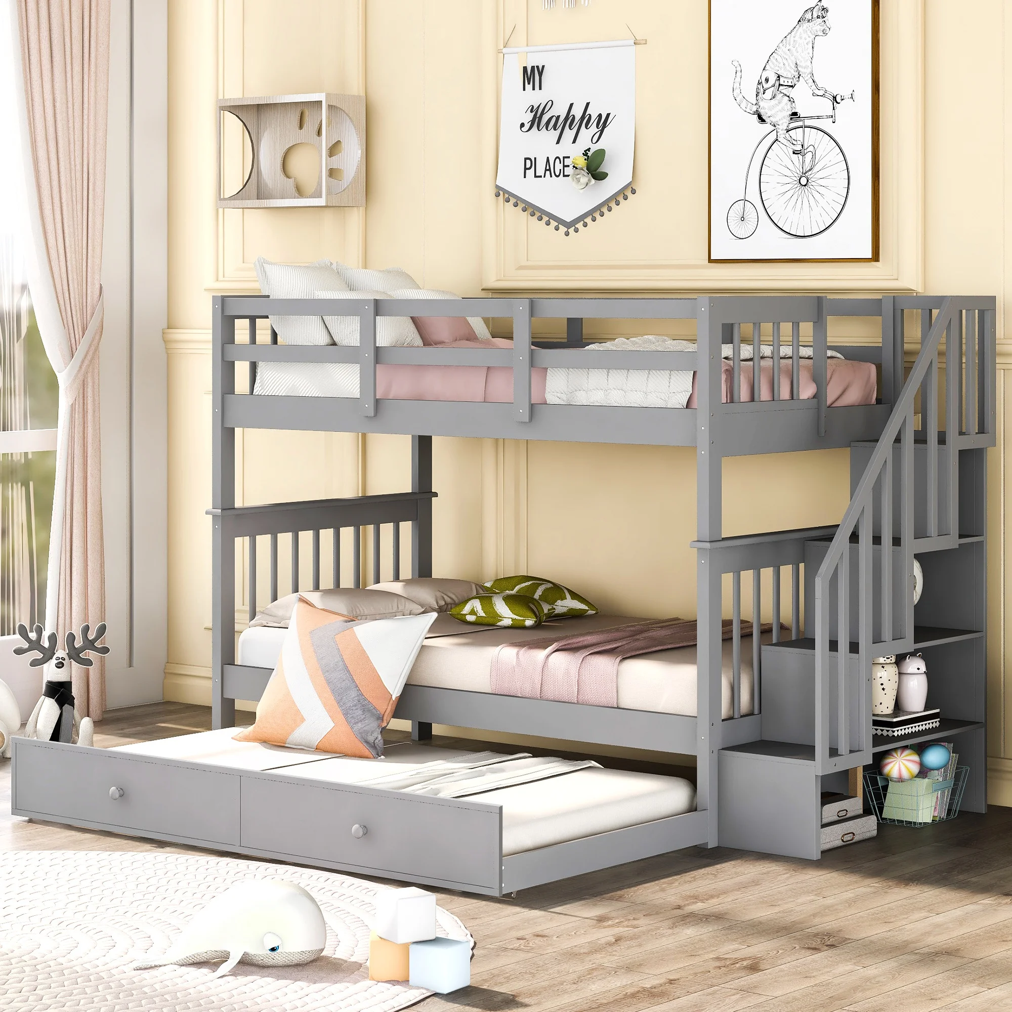 

Stairway Twin-Over-Twin Bunk Bed with Twin size Trundle for Bedroom, Dorm, Adults, Gray