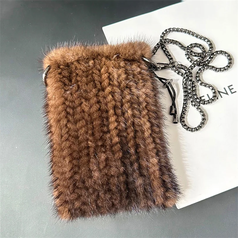 Women's Fur Mobile Phone Bag Autumn and Winter Mink Knitted Mobile Phone Bag Fashion Shoulder Bag High Quality Women's Fur Bag