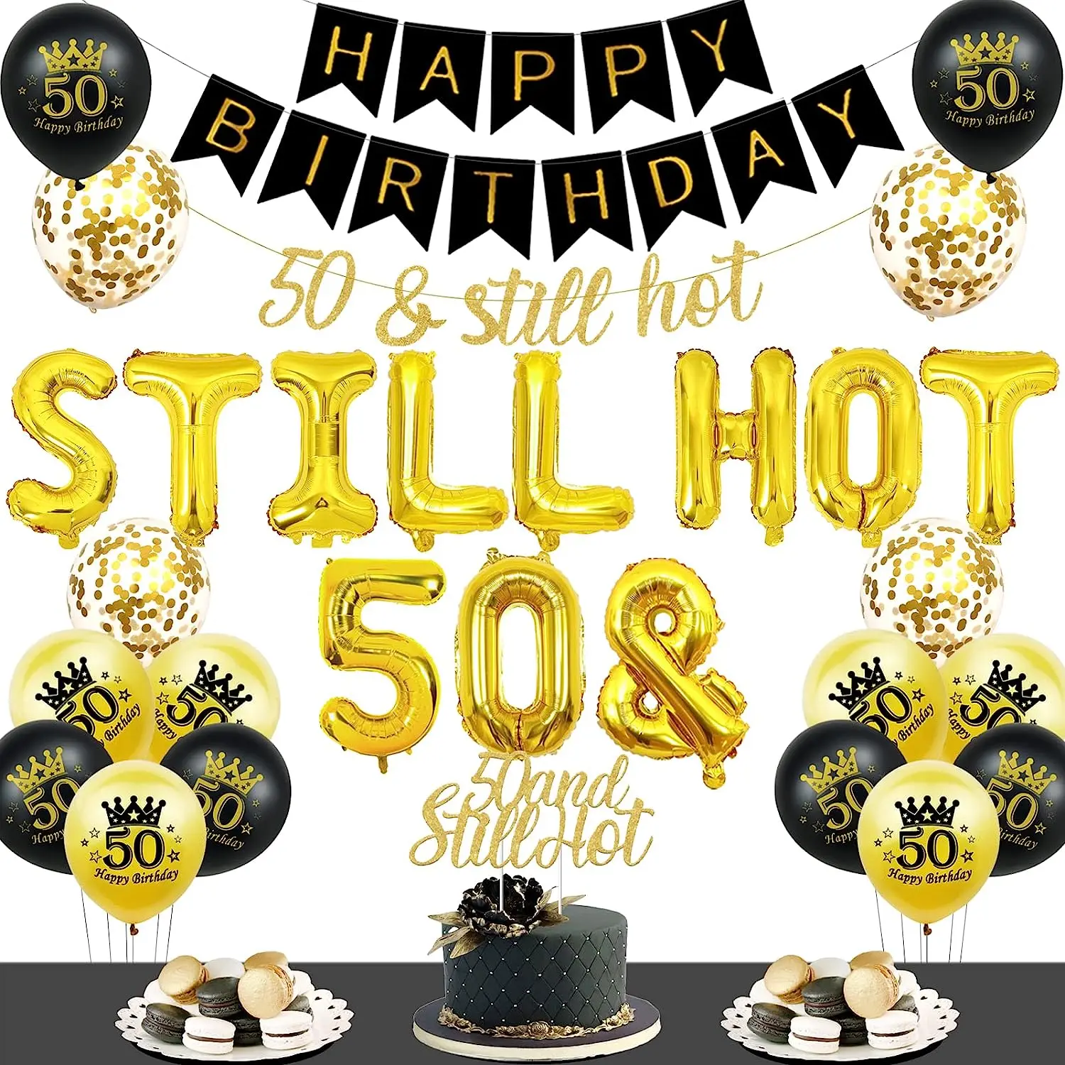 

JOYMEMO 50th Birthday Decorations Black and Gold 50 and Still Hot Balloons Cake Topper Happy Birthday Banner 50th Birthday Party