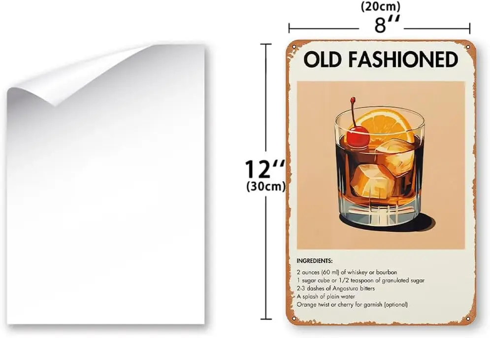Old Fshoned Cocktl Metl Tn Sgn Poster Retro Prnt Clssc Cocktls Br Crt Decor Prnts 12x8 nches Zengju0