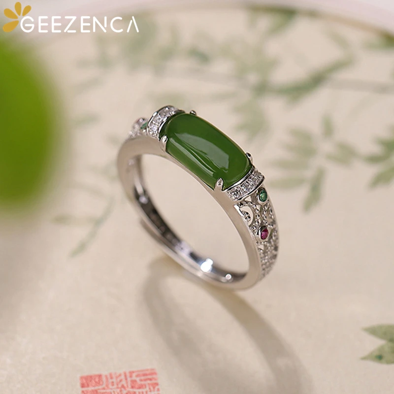 

GEEZENCA 925 Sterling Silver Natural Jasper Open Ring Women Hollow Craft Green Jade Classic Trendy Rings Fine Jewel Party Gift