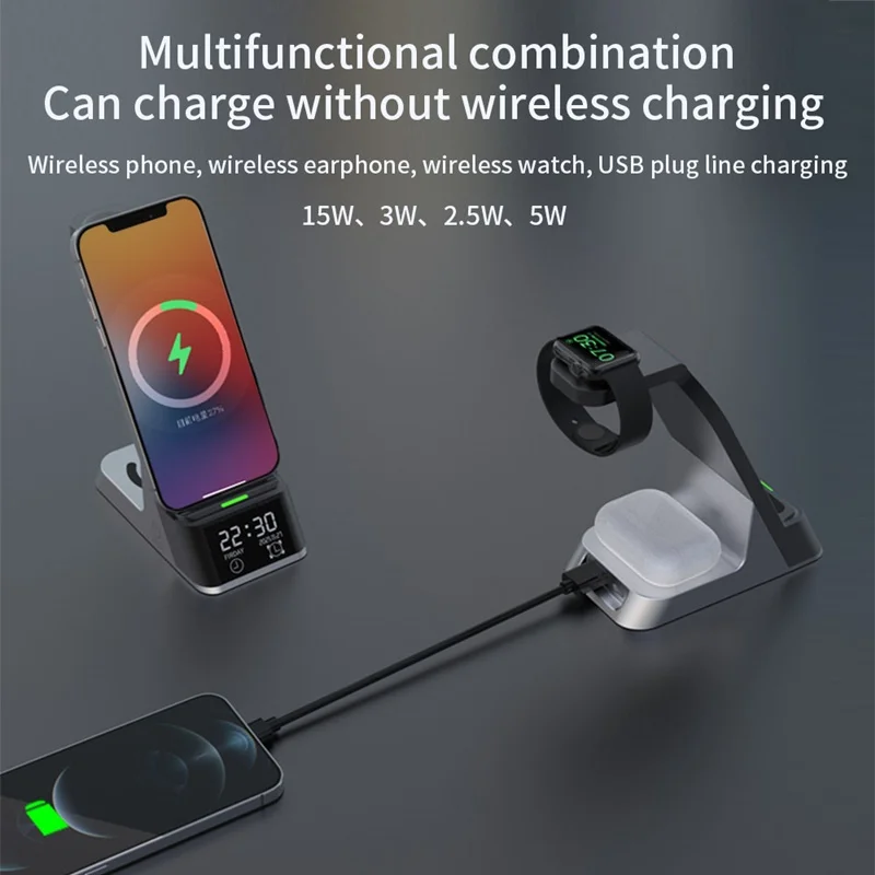 6in1 alarm clock wireless charger stand for airpods pro apple watch 15w fast charging station for iphone xr xs 11 12 13 pro max free global shipping