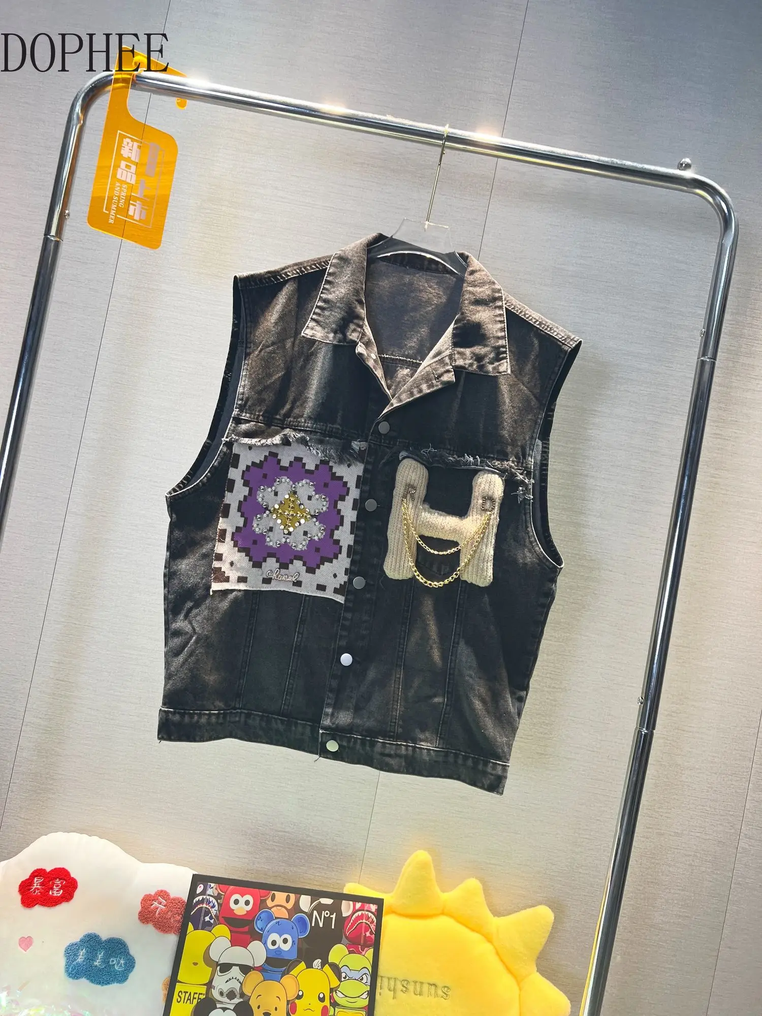 

New Autumn 2023 Fashion Patchwork Knitted Letters Loose Waistcoat Sleeveless Denim Jacket Colorblock All-match Vests Jean Coat
