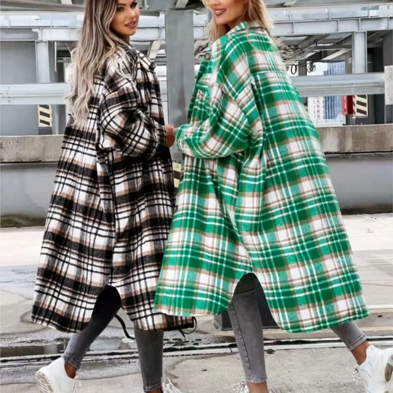 

Button Cardigan Loose Fitting Long Sleeved Casual Autumn/winter 2023 Long Plaid Blouse Jacket Women's Fashionable Lapel Shirt