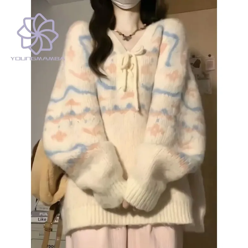 

Autumn Winter New Loose College Style V-Neck Strap Sweater Women 2023 Korean Fashion Sweet Knitwear Women's Pullover