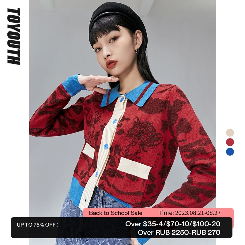 

Toyouth Women Sweaters 2022 Spring Long Sleeves Polo Collar Loose Color Contrast Red Blue Tiger Trint Casual Chic Knit Cardigan
