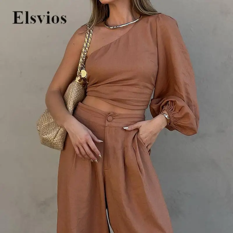 

Solid Skew Collar Back Bandage Crop Top + Wide Leg Pants Outfis Spring Summer Women Beach 2Piece Set Casual Loose Troursers Suit