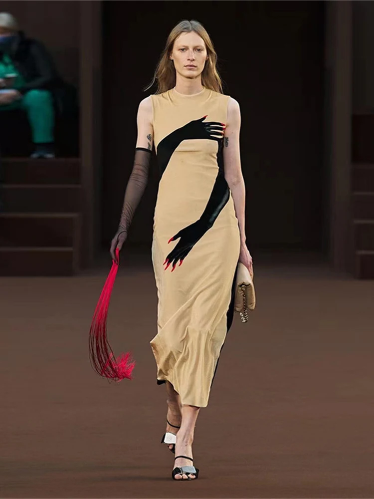 

Летнее сексуальное платье макси Akaily цвета хаки без рукавов с круглым вырезом и черным принтом, Женские повседневные облегающие платья 2022 го...